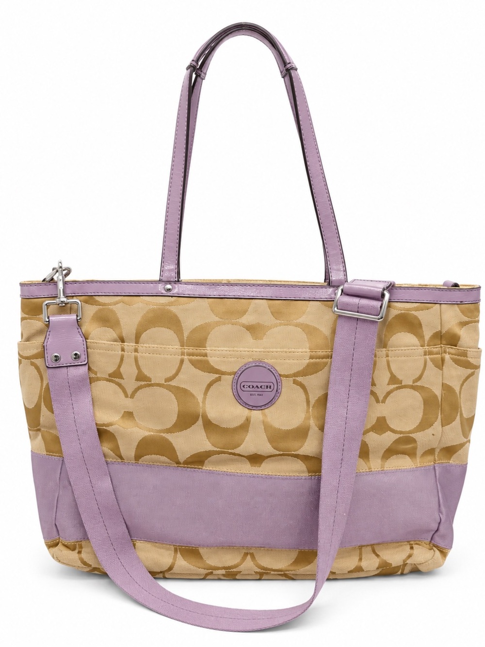 Coach Tan Signature Canvas Tote with Lavender Accents